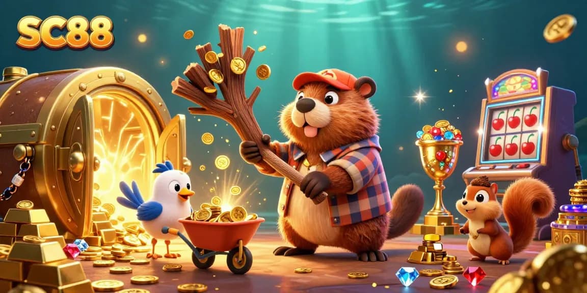 Engage with SC88-themed casino fun as beaver, bird, and squirrel celebrate wins amidst gold coins and slots.