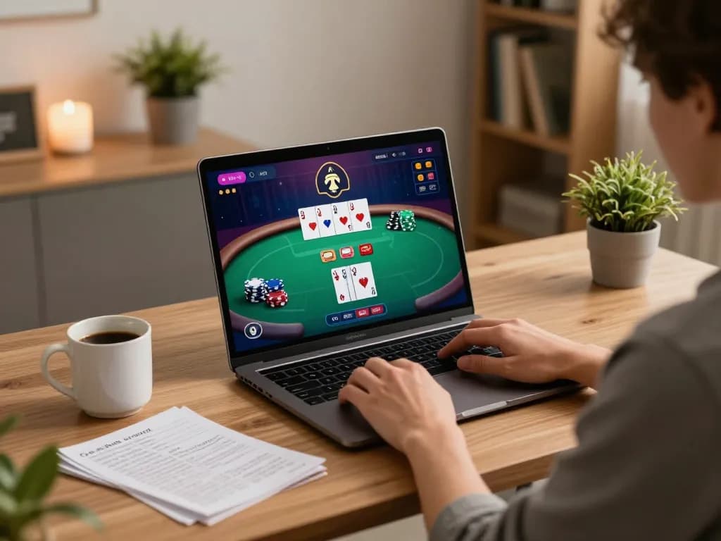 AX88 player engaging in online poker with strategy notes and drinks nearby