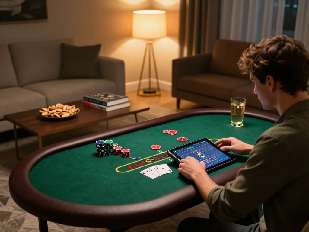 Engaging in live dealer blackjack on a tablet, showcasing sky88co in a cozy home setting.