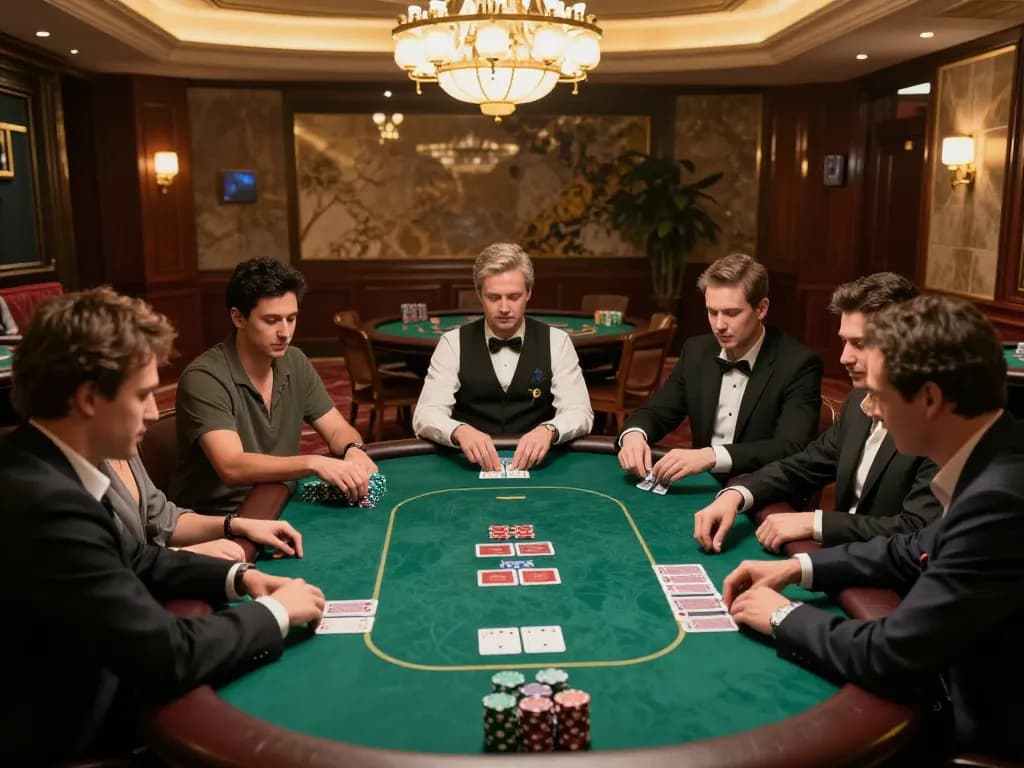 Players engaged in a high-stakes poker game at HI88 casino amid luxurious decor