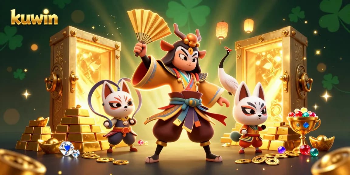 Kuwin's dynamic casino scene with kabuki warrior and treasures bursting with luck