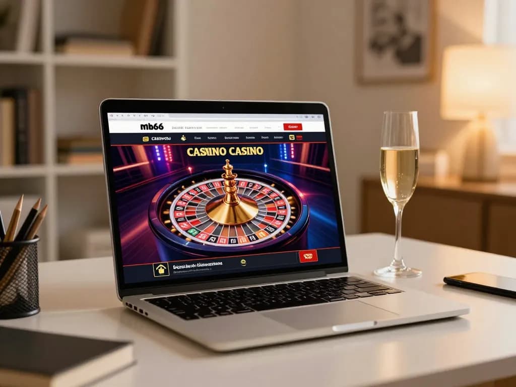 Engaging with mb66 roulette game on a stylish home office laptop, showcasing vibrant gameplay.