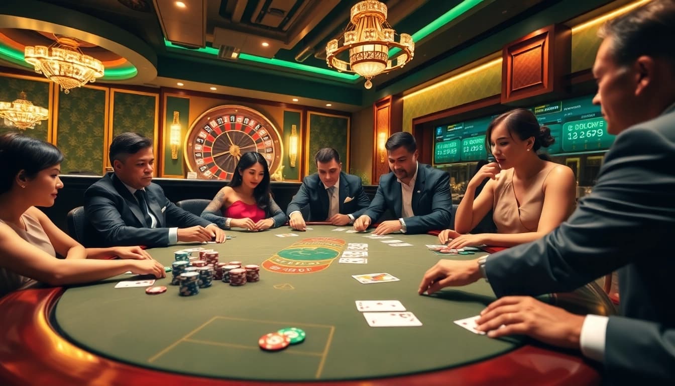 Players enjoying high-stakes QQ88 poker game at a luxurious casino table, showcasing excitement.