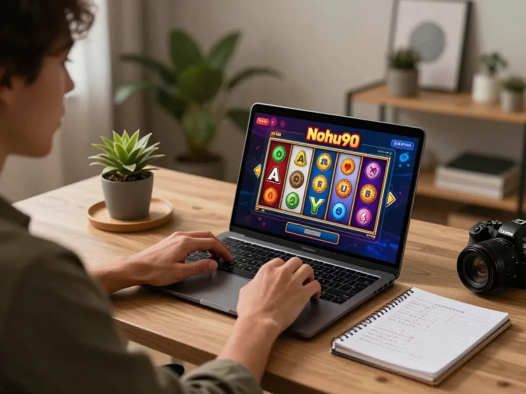 Nohu90 player enjoying vibrant slot games at home, showcasing modern gaming atmosphere.