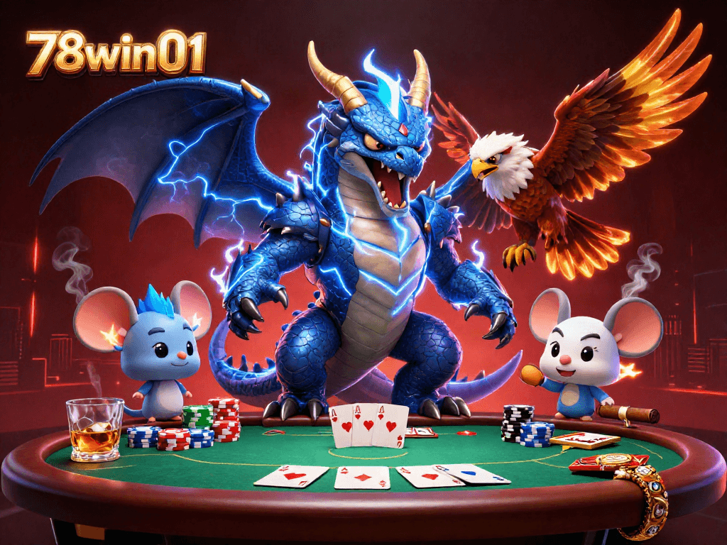 Engage with the vibrant scene of 78win01 showcasing poker action with fantastical characters.