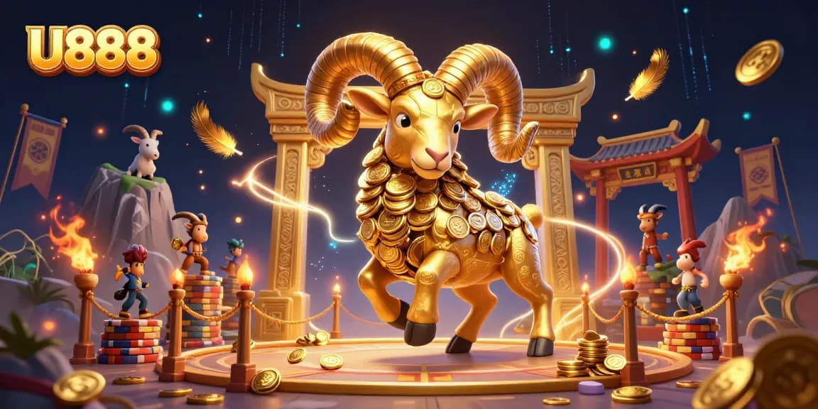 Experience thrilling gameplay with U888's vibrant casino illustrations featuring golden ram and betting tokens.