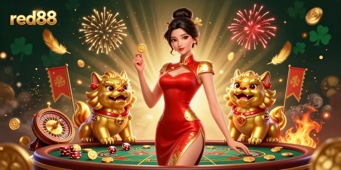 Experience the excitement of red88 with a glamorous Asian woman amidst dynamic casino elements, celebrating thrilling wins.
