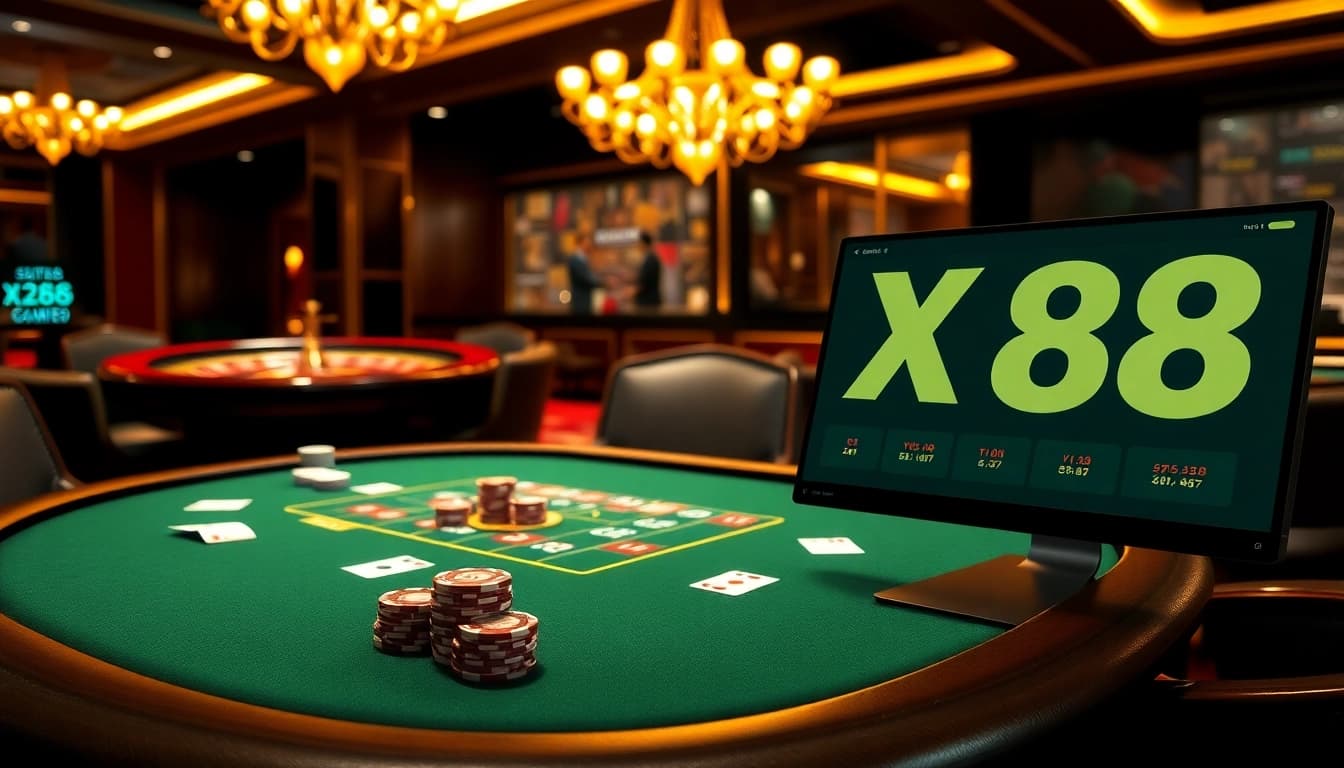 X88 online gambling platform with luxurious casino elements and exciting atmosphere.