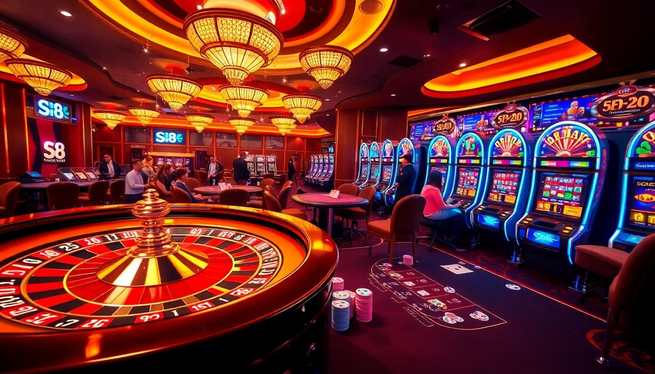 S8 players engaging in an exciting casino atmosphere with roulette wheels and poker tables.