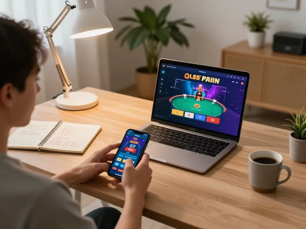 Play poker on the BL555 app in a cozy home office setup, highlighting responsible gaming and strategy.