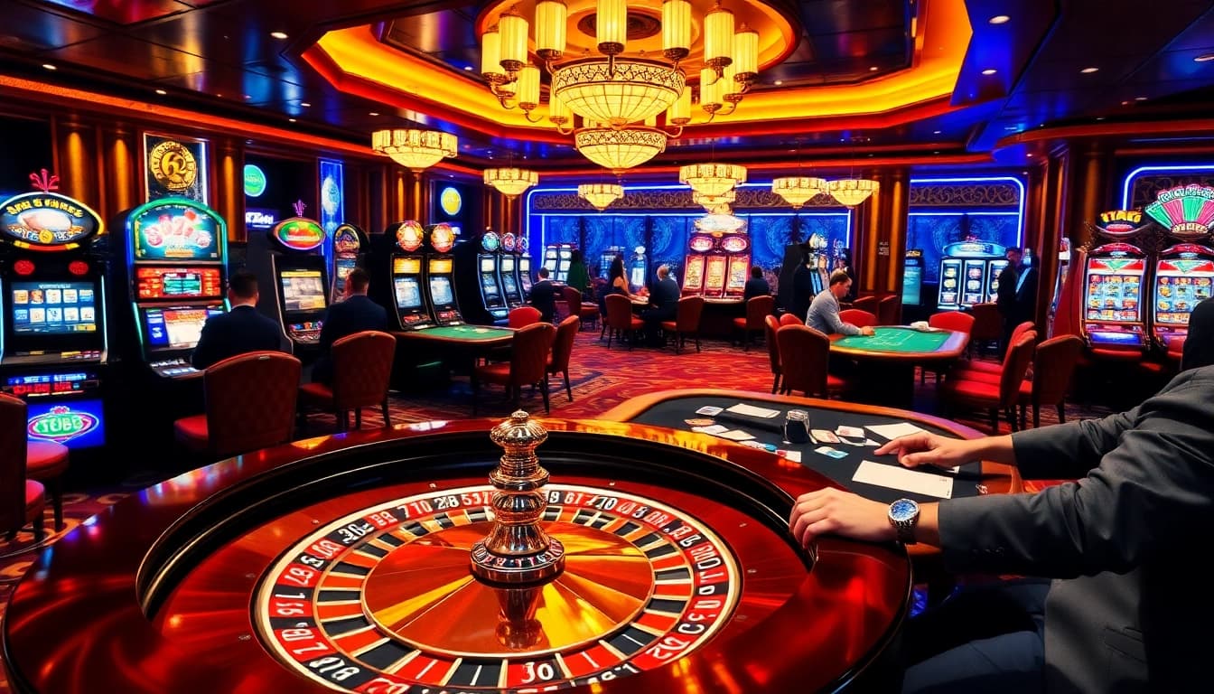 Exciting gaming at the b52 casino with roulette, poker tables, and vibrant slot machines.