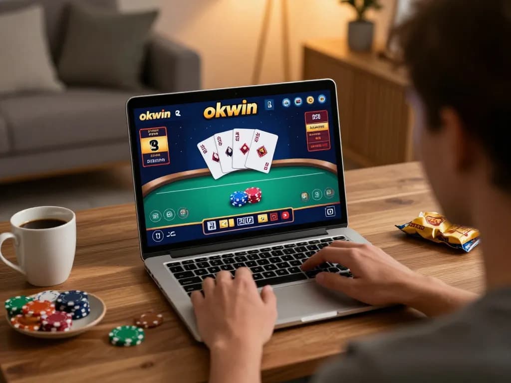 Engaging in poker gameplay on okwin online casino platform from a cozy home setup.