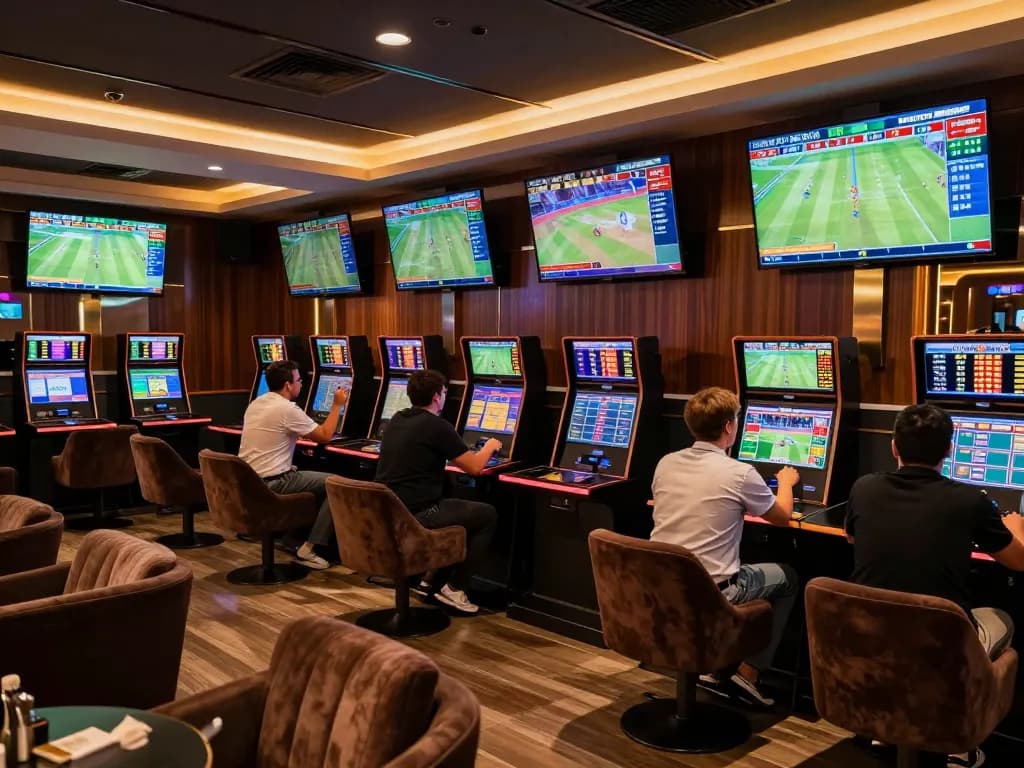 Active sports betting area with engaged bettors analyzing tỷ lệ cá cược on multiple screens, showcasing excitement in a luxury lounge setting.