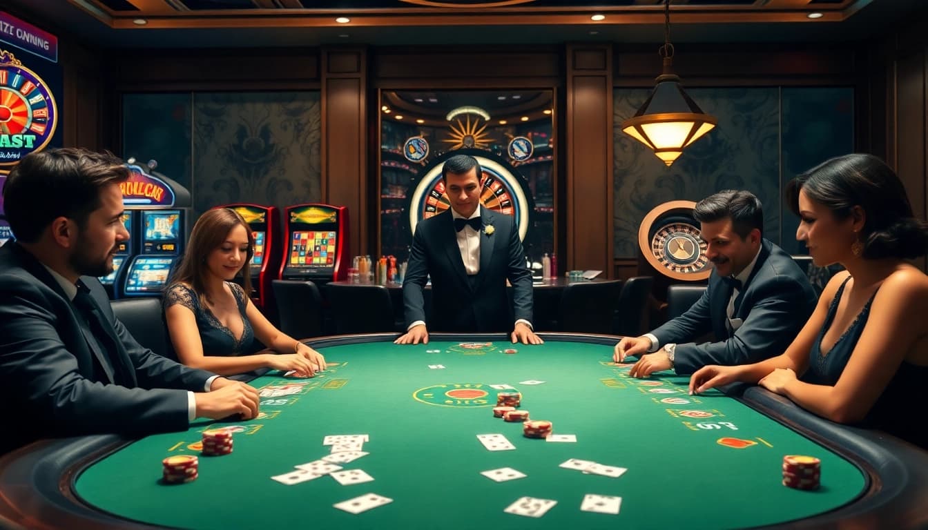 Intense poker action at 789win223.com with players, poker chips, and a luxurious casino atmosphere.