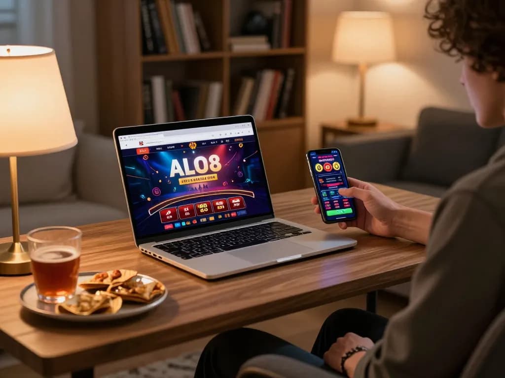 Person engaged in online gambling on ALO8 with laptop and smartphone, enhancing gaming experience.