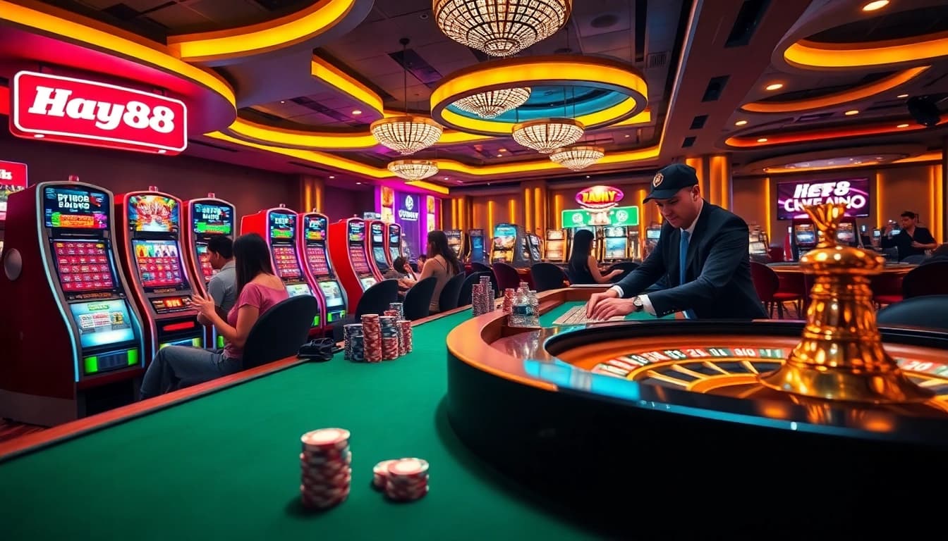 Players enjoy the vibrant atmosphere at Hay88 casino, excitedly betting on games with friends.