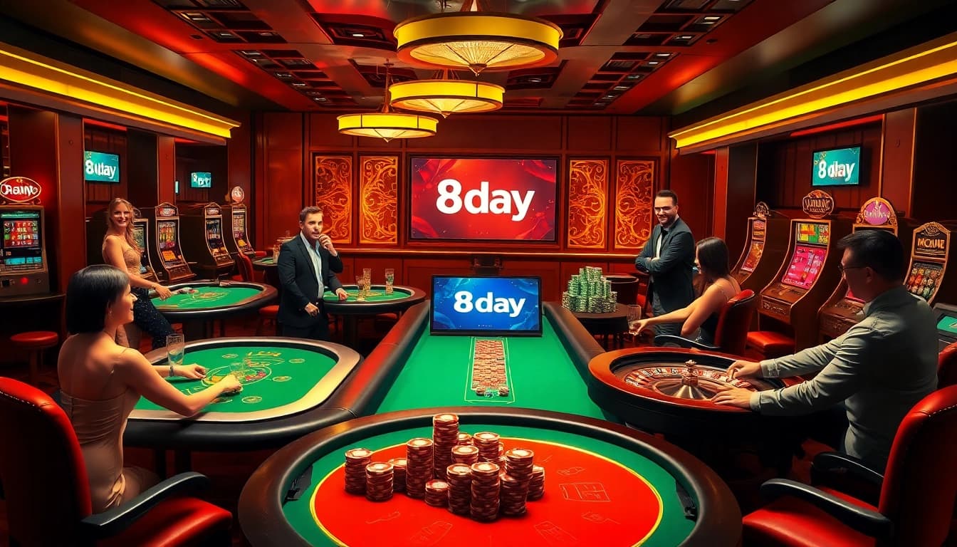 8day casino scene showcasing dynamic gameplay with poker chips, tables, and online interface excitement.