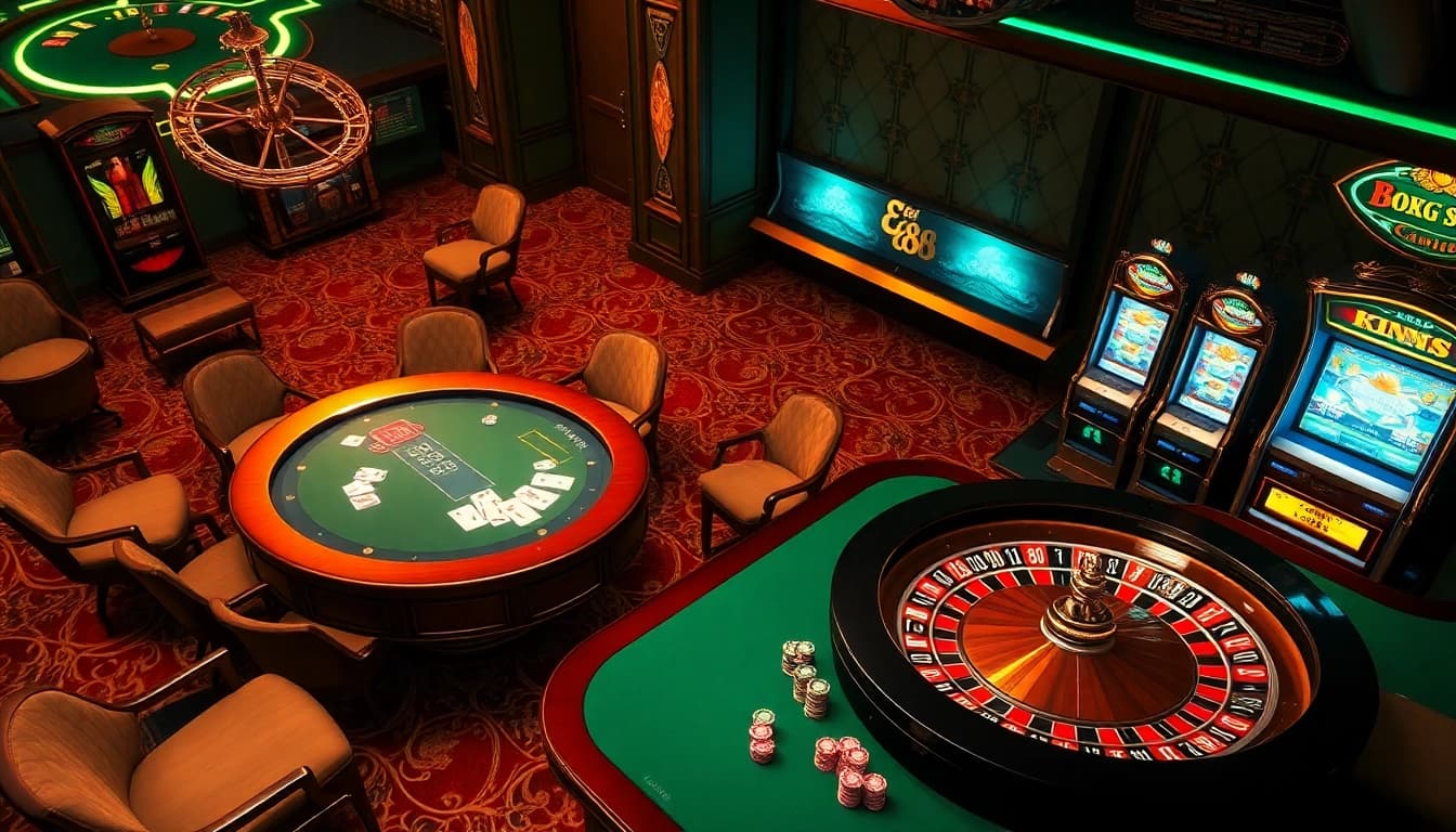 Players enjoying the excitement of Ee88 casino games with vibrant tables and roulette.