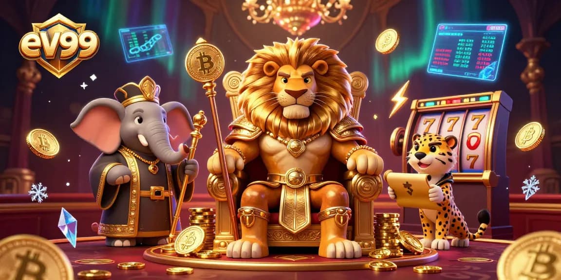 Experience the thrill of winning with ev99 in this vibrant casino-themed illustration featuring a lion king, elephant advisor, and cheetah messenger.