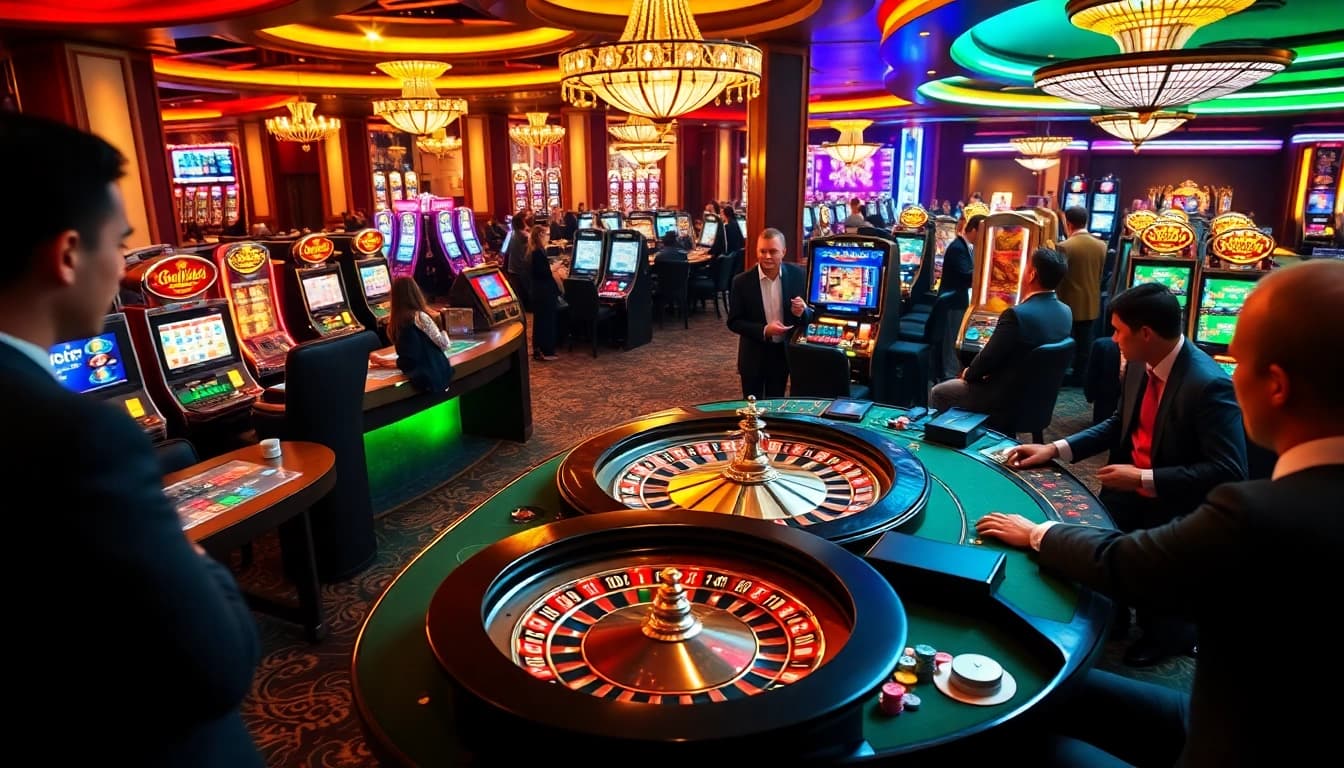 Players enjoying games at https://nohudoithuong.us/ with vibrant slot machines and roulette tables.
