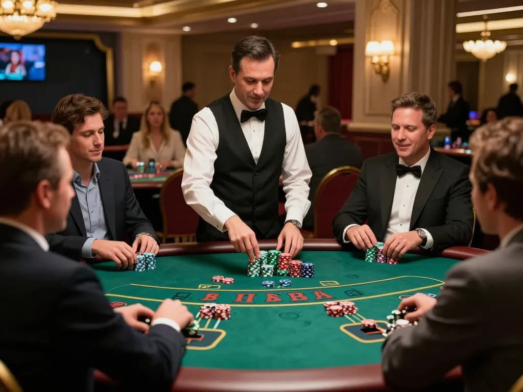 Players betting strategically at a blackjack table, highlighting tỷ lệ kèo nhà cái and engaging casino atmosphere.