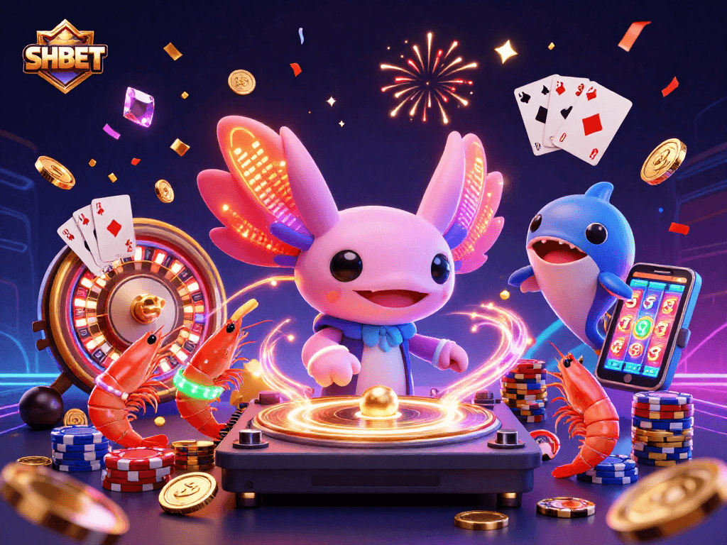 Experience exciting gaming at SHBET with animated characters, vibrant casino elements, and dynamic action and colors.