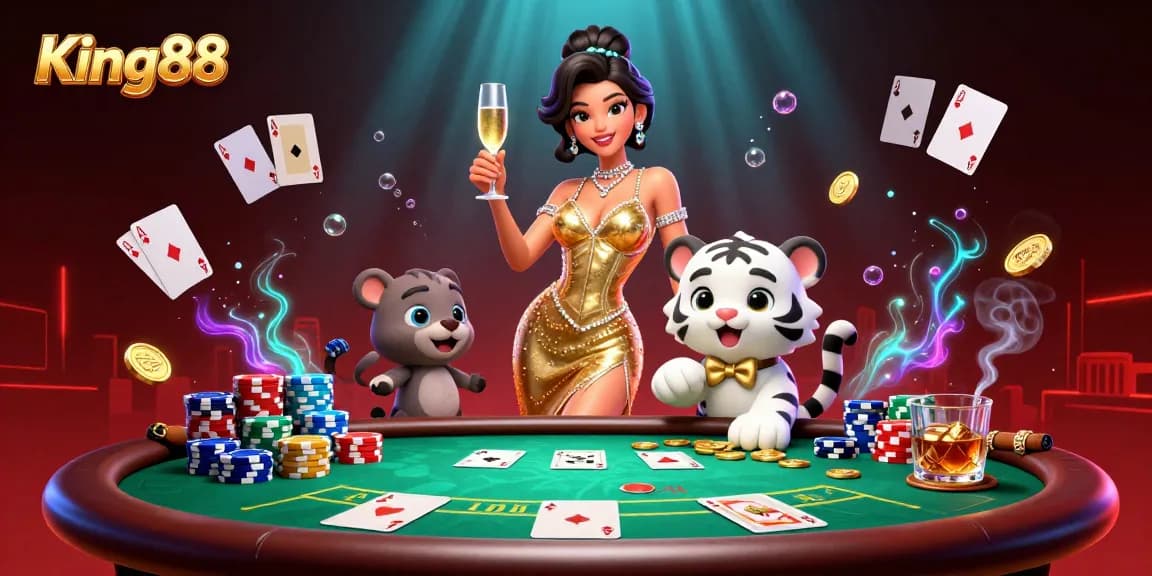 Experience luxury gaming with King88; a glamorous woman, lucky tiger, and vibrant poker action.
