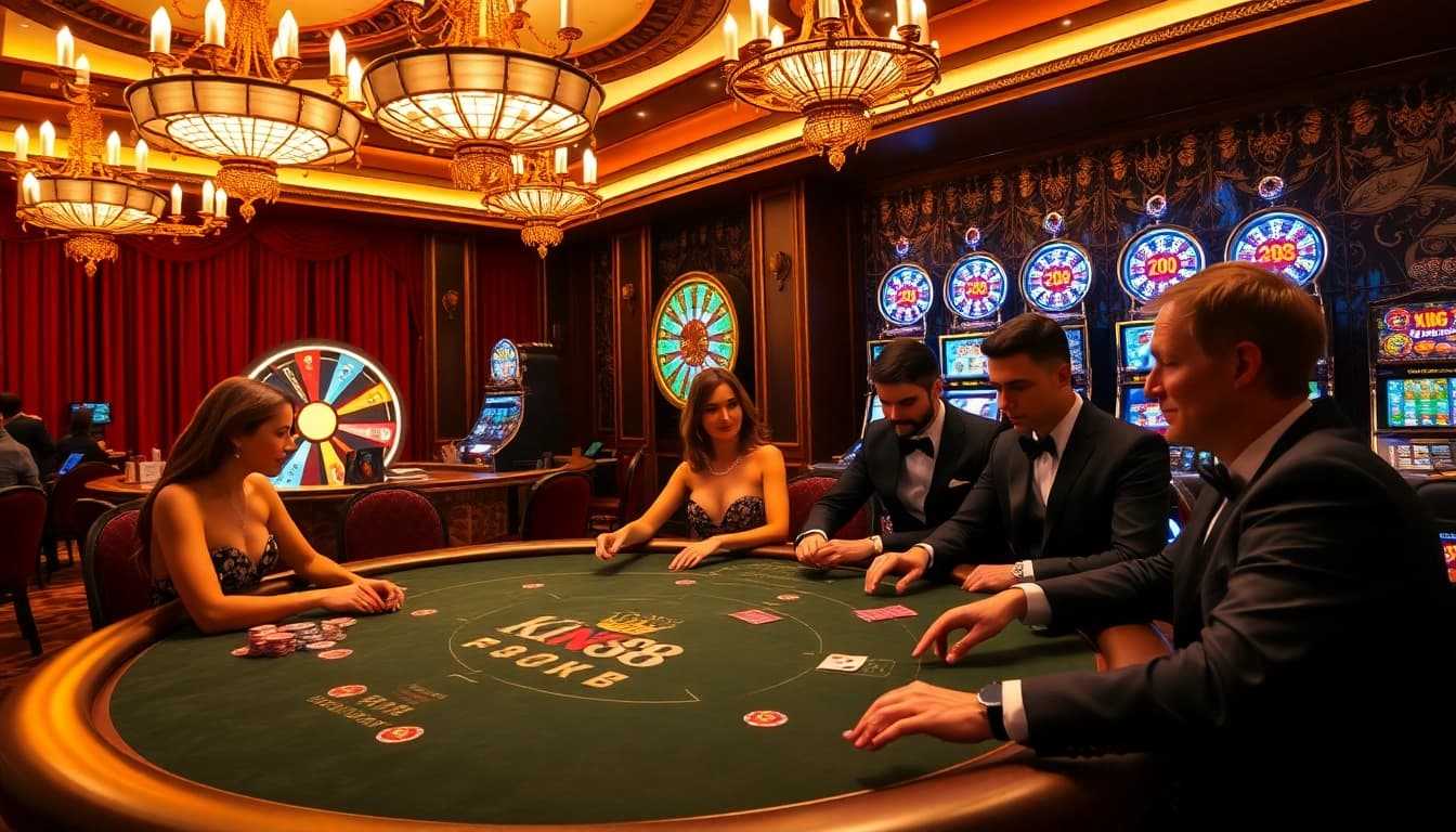 Gamblers enjoying high-stakes poker at king 88's luxurious casino setting.