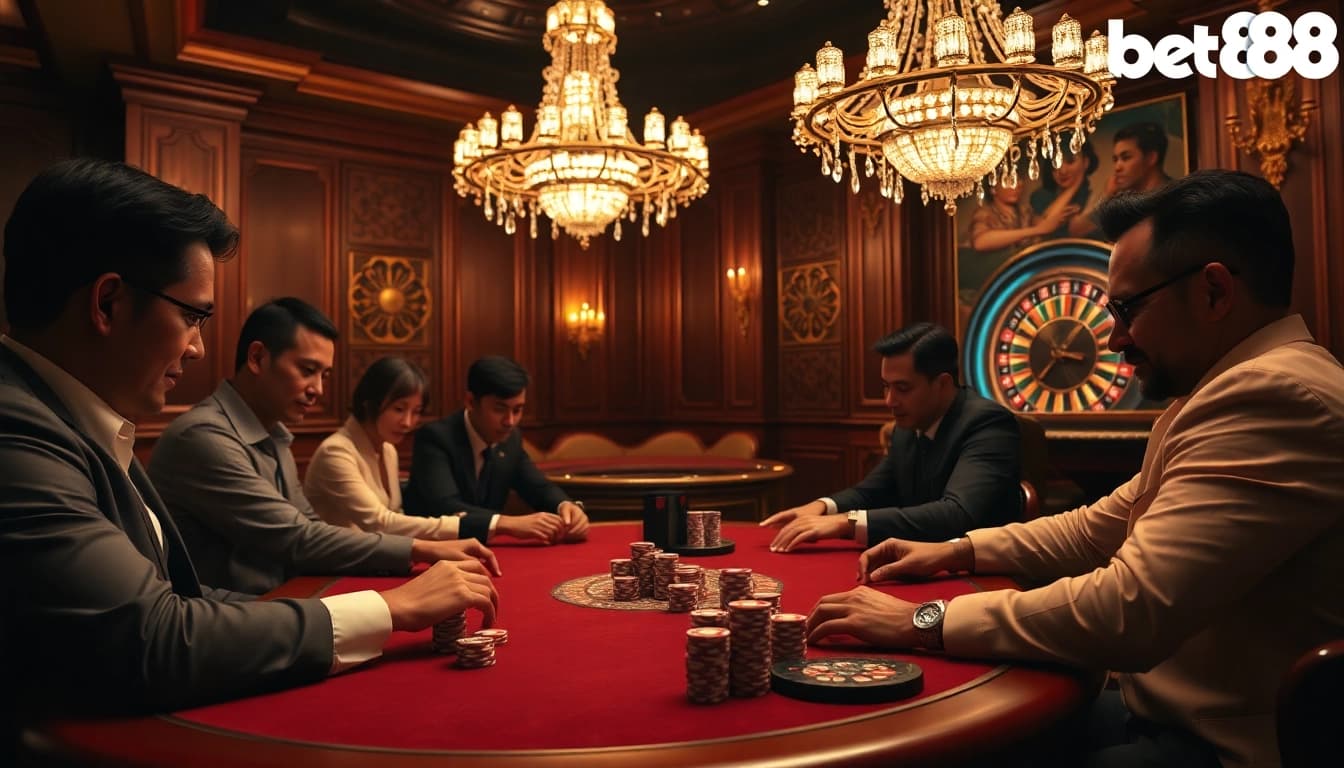 Casino gamblers strategizing at a professional poker table, representing the excitement of trang chủ bet88.