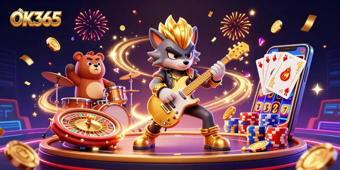 Experience exciting gameplay with OK365 featuring a rocking wolf, dynamic casino elements, and vibrant colors.