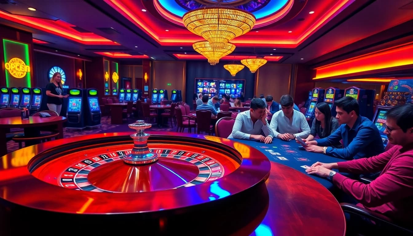 Engage with the excitement of OPEN88 at a vibrant poker table in a luxurious casino setting.