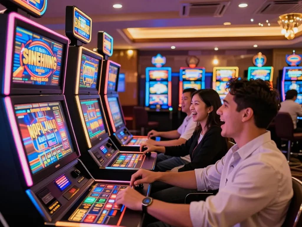 GO8 players enjoying vibrant gaming action at colorful slot machines in a lively casino atmosphere.