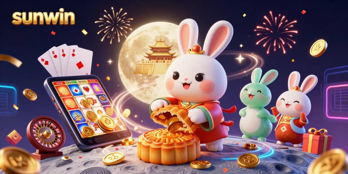 Experience sunwin's excitement with a vibrant casino scene featuring a moon rabbit and golden tokens.