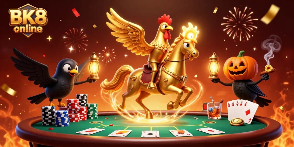 Experience thrilling gaming at BK8 online with a golden rooster on a spectral horse amidst a vibrant casino atmosphere.