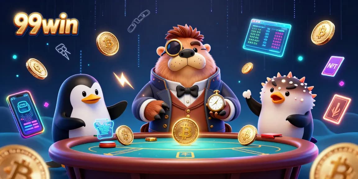 Players bluffing at a 99win poker table featuring a walrus and penguin dealer.