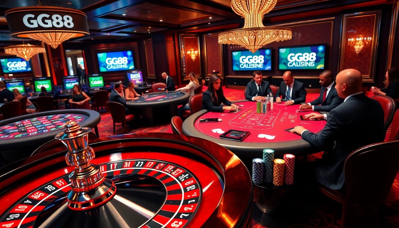 Engaging casino scene featuring GG88 promotions, poker chips, and a roulette wheel.