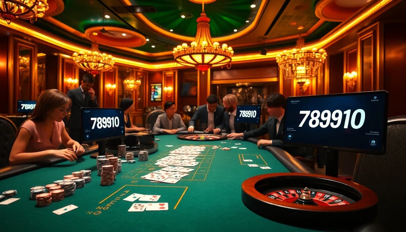 Intense poker gameplay showcasing 789f10 logo amidst luxury casino surroundings.