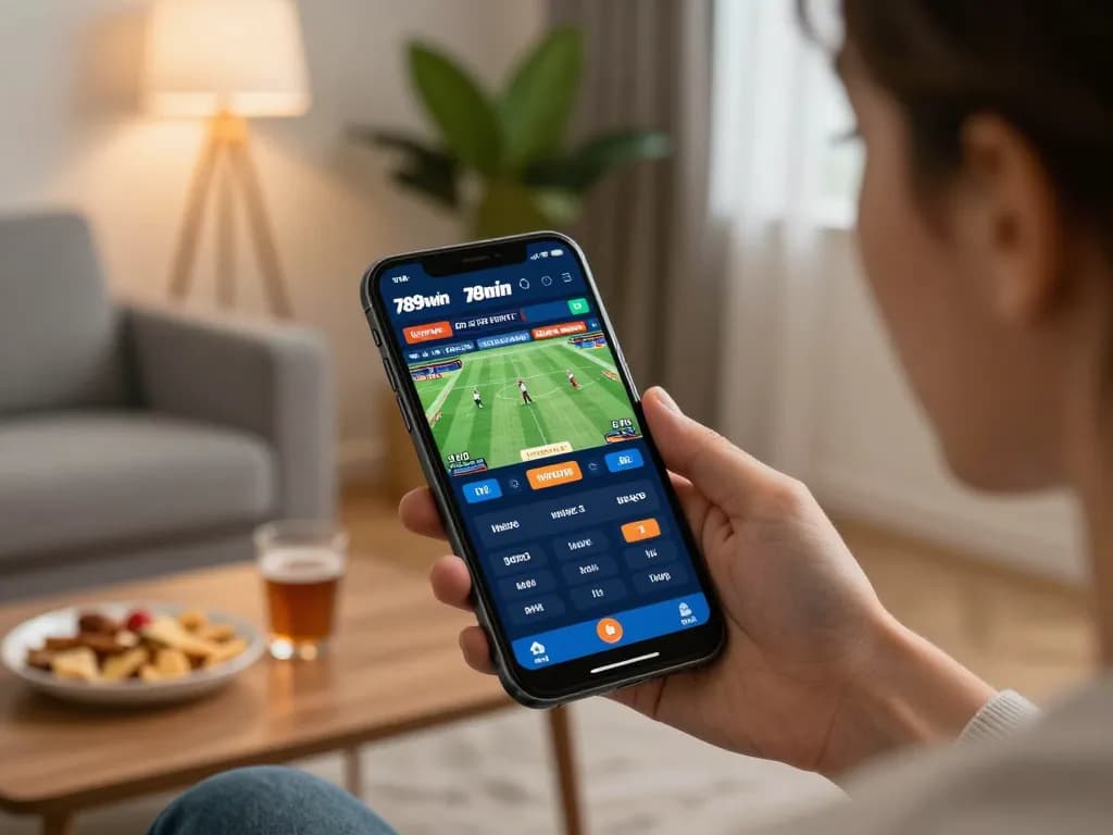 Engaging user enjoying 789win sports betting app experience on smartphone, with snacks and drinks.