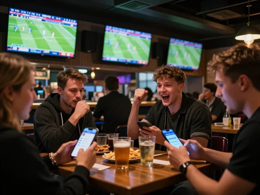 Engaged fans placing bets on trực tiếp bóng đá Liverpool match in a lively sports bar atmosphere