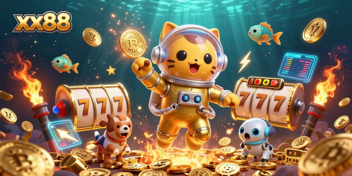 Spin to win at xx88 with vibrant slot reels and dazzling coins in this energetic casino scene.