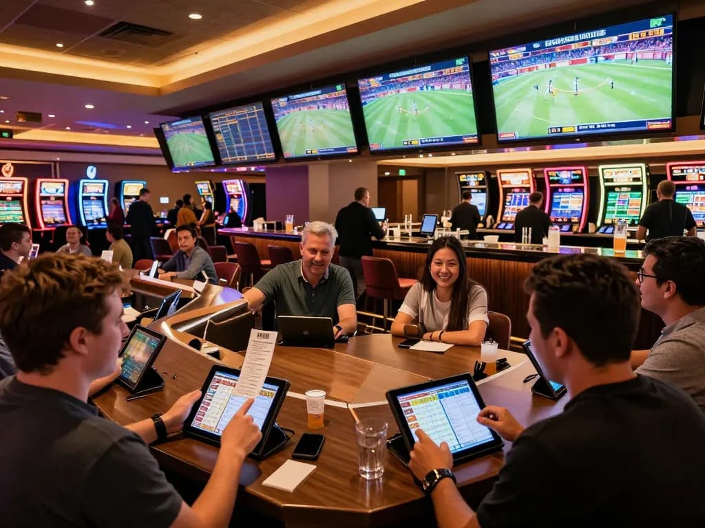Patrons engaging in sports betting with vibrant screens and betting slips at VMAX casino.