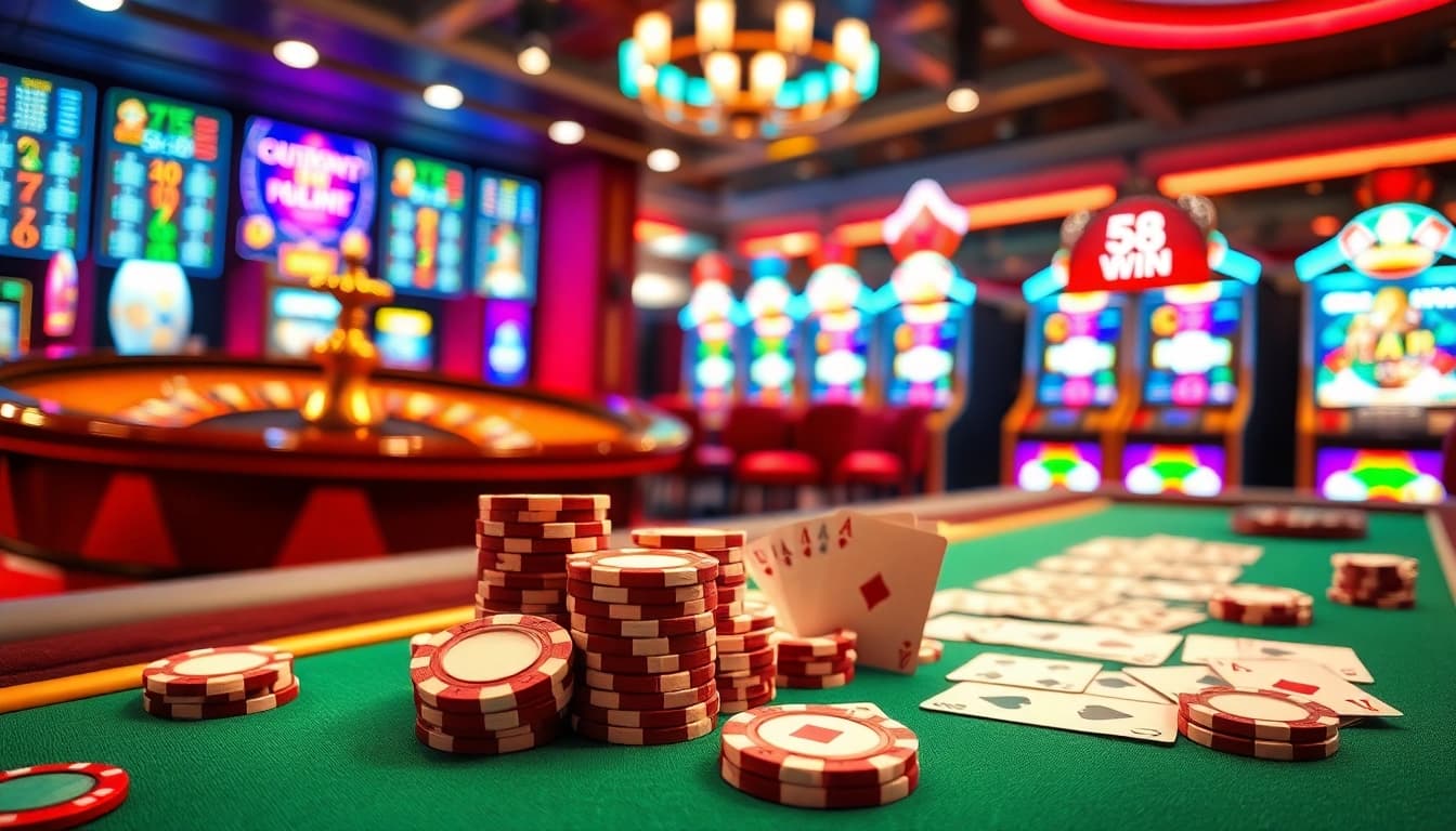Experience the thrill of winning at 58WIN with vibrant casino visuals of poker tables and roulette wheels.