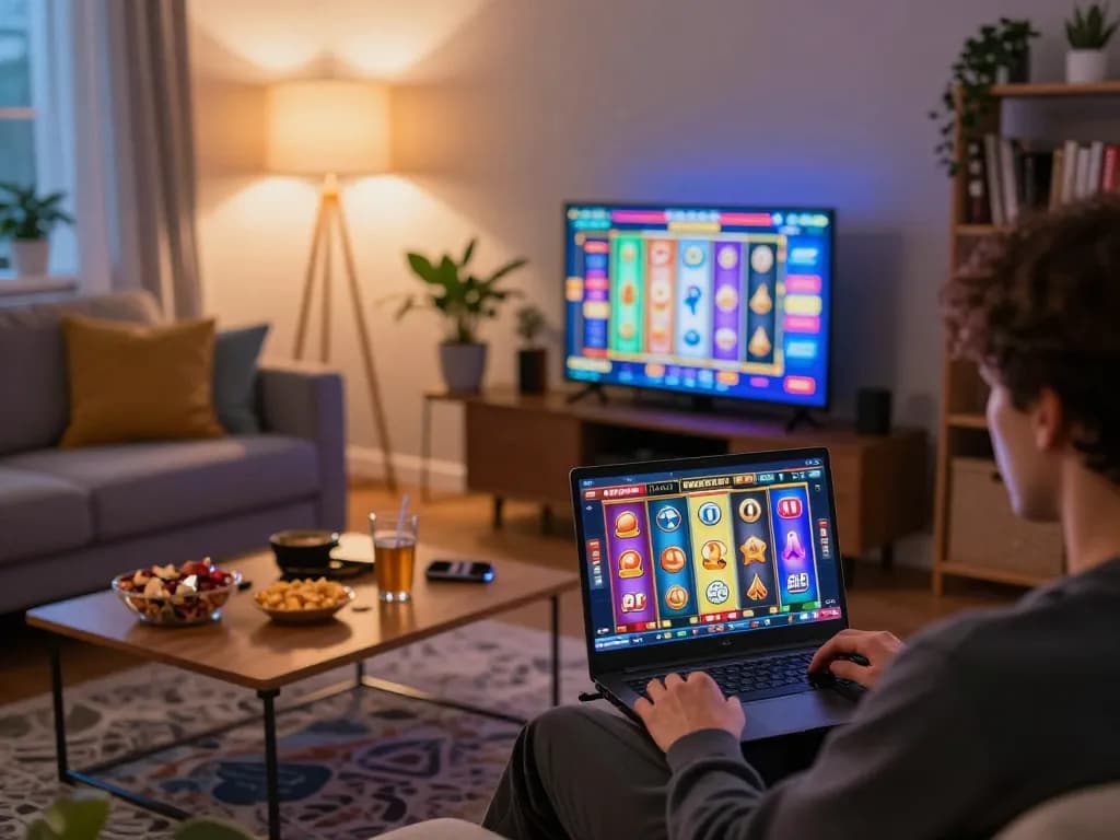 Engaging in online gaming with link vào good88 at a cozy home setup amidst snacks and drinks