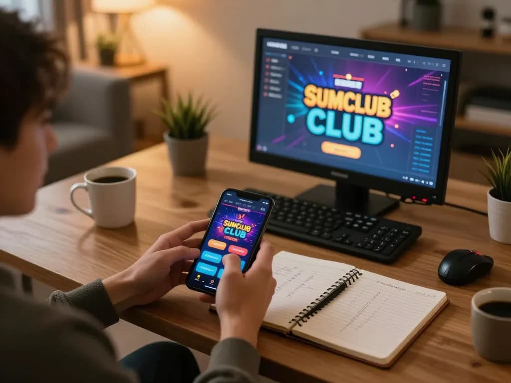 Engaging gameplay on SumClub app with a smartphone and betting notes in cozy home.