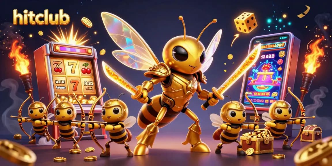 Experience excitement at Hitclub with a dynamic 3D illustration showcasing golden hornet characters amid vibrant casino elements.