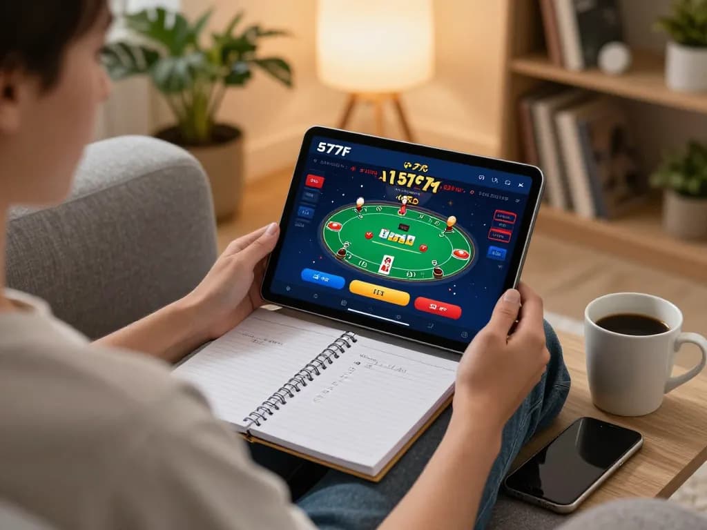 Engaging player using the 577F app for online poker in a cozy home setting.