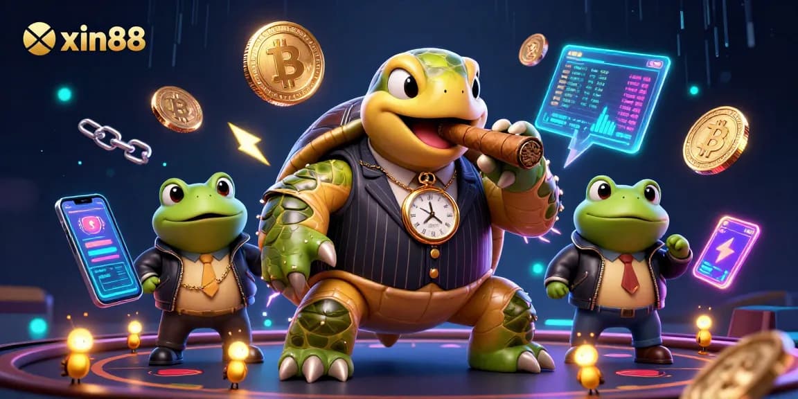 Experience thrilling excitement with xin88's vibrant casino scene featuring a turtle and bullfrogs.