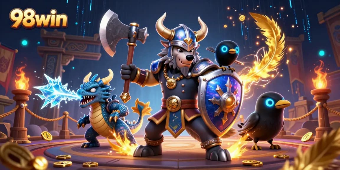 Experience thrilling gaming with 98win, featuring a Viking warrior and fierce dragon in an elaborate casino setting.