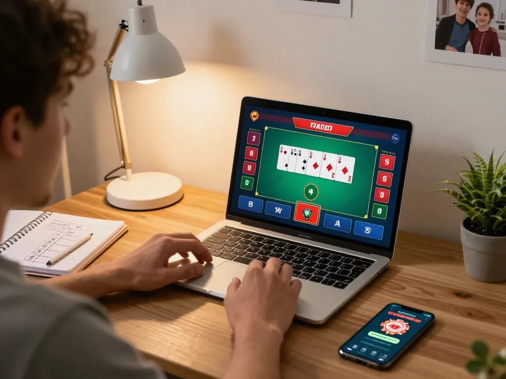 Player enjoying llwin poker game online from a cozy home setup with laptop and notes