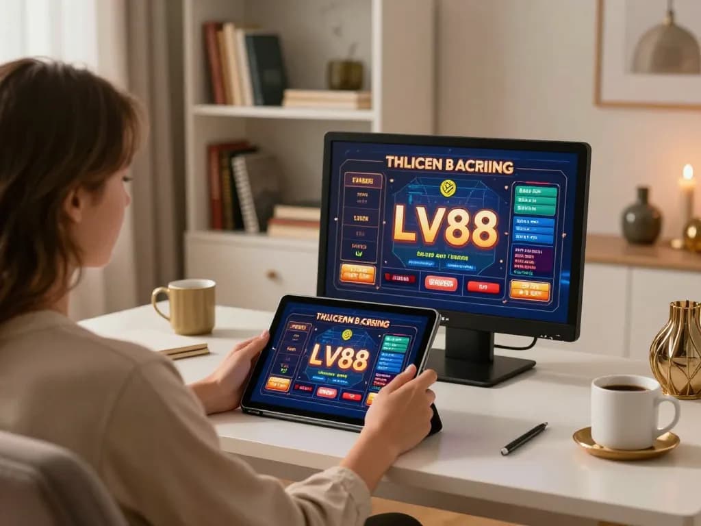 Engaged player using tablet for LV88 gaming experience in a cozy home setting.
